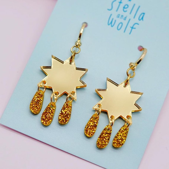 Gold Acrylic Star Dangly Earrings, Gold Glitter Earrings, Party