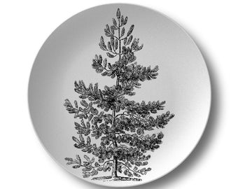 Tree Dinner Plate,durable indoor/outdoor dinnerware,black & white,cabin kitchenware,microwave/dishwasher safe,woodsy camping tableware  #773