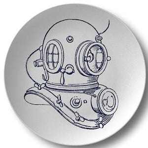 Nautical Dinner Plate: Coastal Dishware, Anchor, Scuba Diver Helmet, Seahorse, Seashell Tableware #884