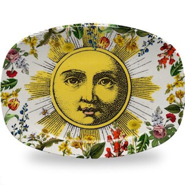 Celestial Sun Serving Platter,vintage botanical tray,Decoware™,face art platter,floral art tableware,colorful kitchen decor #10027