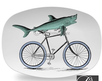 Shark Art Serving Platter,bicycle art dinnerware,Decoware™ platter,bike art platter,coastal kitchen decor,microwave safe serveware #902p