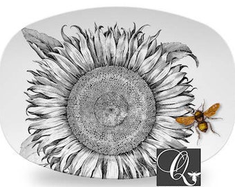 Sunflower & Bee Serving Platter,Decoware™ dinnerware,bee art tray,honeybee platter,sunflower home decor #p345