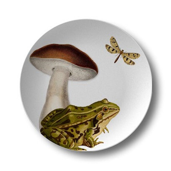 Frog & Mushroom Dinner Plates,woodland dishes,durable indoor/outdoor tableware,vintage botanical,woodsy kitchen art,microwaveable #864