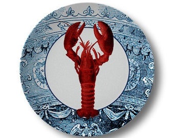 Lobster Dinner Plates,durable indoor/outdoor dinnerware,coastal tableware,red white and blue dishes,nautical kitchen decor #10040