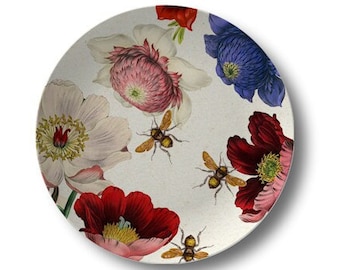 Botanical Dinner Plates, bee art dishes,floral dinnerware,colorful flower plates,microwave safe plates,Decoware™ dinnerware #883