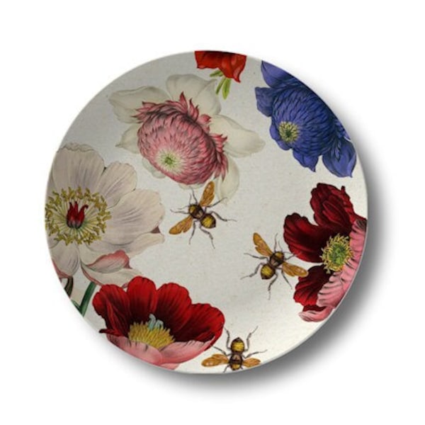 Botanical Dinner Plates, bee art dishes,floral dinnerware,colorful flower plates,microwave safe plates,Decoware™ dinnerware #883