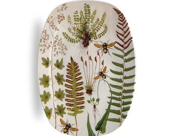 Fern Art Serving Platter,woodland tabletop,vintage botanical decor,fox art dinnerware,honeybee,fern serving tray #601p