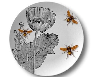 Bee Art Dinner Plate,floral dinnerware,poppy plates,vintage botanical,microwave safe dishes,indoor/outdoor tableware,kitchen wall decor #842