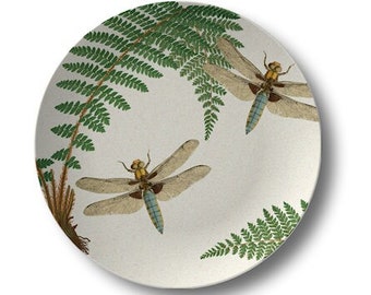 Dragonfly & Fern Dinner Plate,woodland dinnerware,vintage botanical dishes,durable indoor/outdoor plate #982