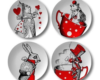 Alice in Wonderland dinner plates,mad tea party,Decoware™ dinnerware,red and white Queen of Hearts,White rabbit,Cheshire cat,Tweedle dee #28