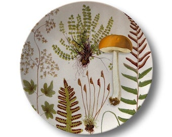 Mushroom & Fern Dinner Plate,Decoware™ dinnerware,woodsy botanical dishes,green fern plates,durable indoor/outdoor tableware,wall decor #991