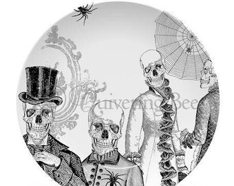 Halloween Dinner Plates,black and white dinnerware,skeleton dishes,microwave safe,skull art plates,creepy party plates,ThermoSāf® #929