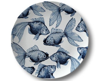 Goldfish Dinner Plate,durable indoor/outdoor dinnerware,blue & white fish dishes,coastal kitchen decor,microwave safe #88