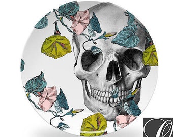 Flower Skull Art Plate,skull art plate,sugar skull dishes,ThermoSāf® dinnerware,vintage anatomy plates,botanical art plates #904