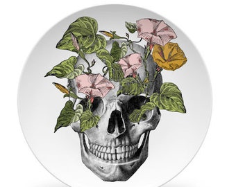 Skull Art Dinner Plates,ThermoSāf® dinnerware,sugar skull dishes,vintage botanical plates,vintage anatomy plates,flower skull dish #882