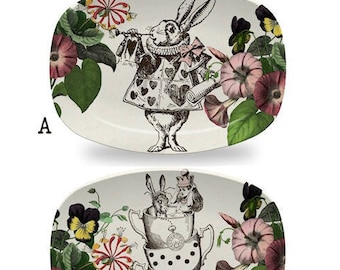 Alice in Wonderland Serving Platter,serveware,unique dinnerware,tea party dishes,mad tea party tray,microwave oven safe,White Rabbit #959