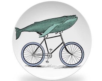 Whale Bike Dinner Plate,Shark,Sperm Whale,Humpback Whale,Salmon,bicycle plates,nautical dinnerware,Decoware™,beach house dishes #902