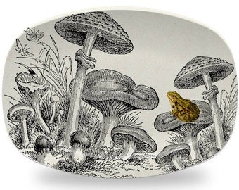 Mushroom & Frog Serving Platter,woodland dinnerware,Decoware™ serveware,vintage botanical platter,woodsy tabletop,serving tray #994p