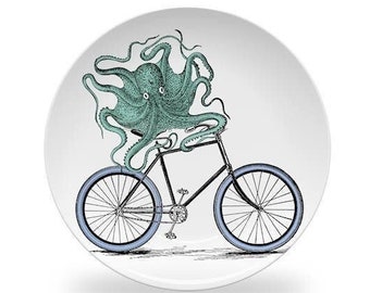 Octopus Bike Dinner Plate,octopus art dishes,Decoware™ dinnerware,bicycle art plates,coastal kitchen decor,beach house decor #889