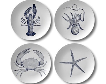 Nautical Dinner Plates,coastal dinnerware,navy blue & white kitchenware,lobster,octopus,crab,starfish,durable indoor/outdoor tableware #807
