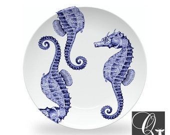 Seahorse dinner plates,Decoware™ dinnerware,sea life dishes,nautical dinner plates,coastal dinnerware,blue and white plates #788