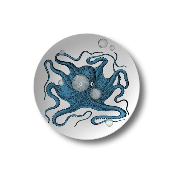 Octopus Dinner Plate: Coastal Dinnerware, Blue & White Nautical Tableware, Beach House Kitchen #45