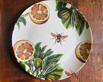 Oranges & Bees Dinner Plate,citrus fruit art plates,durable microwave safe dishes,Decoware™ dinnerware,bee dishes,honeybee dinner plate #885