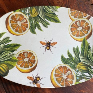 Botanical Serving Platter, Orange Art Dinnerware, Indoor/Outdoor Tableware, Honeybee Tray, Citrus Fruit Platter, Gift for Gardener #885