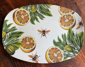Serving Platter,botanical dinnerware,durable indoor/outdoor tableware,honeybee serving tray,citrus fruit kitchen decor,tropical platter #885