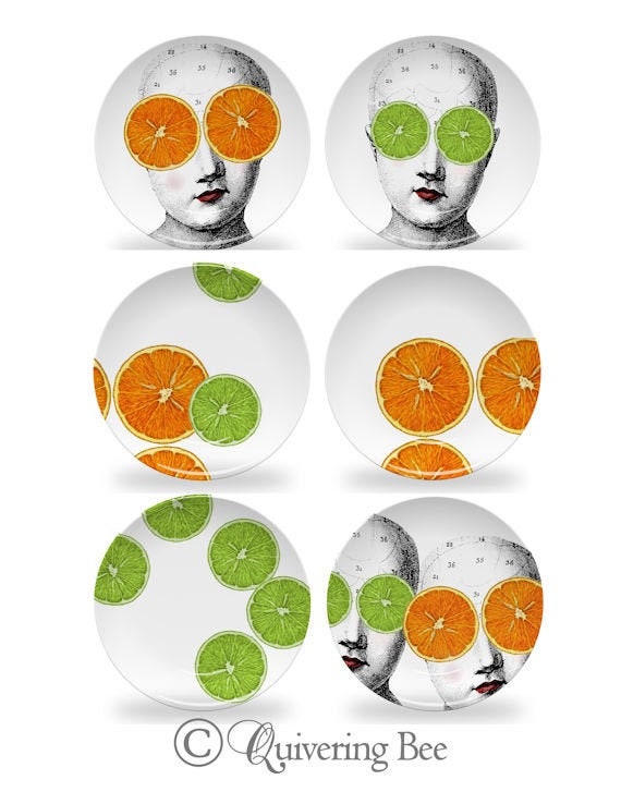Orange & Lime Dinner Platesfruit Art Platesface Art Etsy
