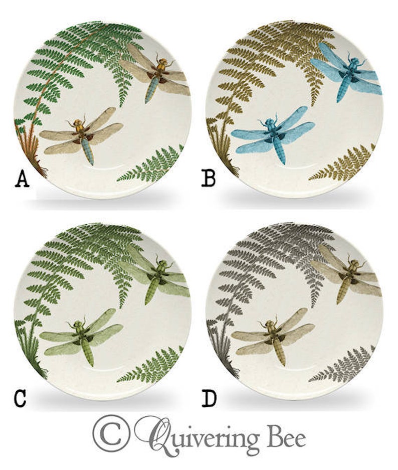 Dragonfly & Fern Dinner Plate,woodland dinnerware,vintage botanical dishes,durable indoor/outdoor plate 982 image 9