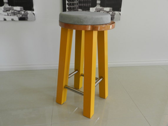 Concrete Bar Stool With Wooden Legs, Concrete Bar Stool