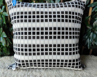 Cross stitch plaid print in black and creamy grey cushion cover, Solid grey reverse side, Throw cushion cover