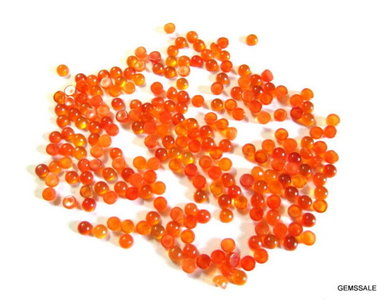 May include: A large group of small, round, orange carnelian cabochons. The cabochons are scattered on a white surface.