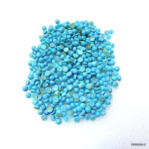 May include: A large pile of turquoise cabochons, each with a smooth, rounded surface. The cabochons are a vibrant blue color with a slight green hue.