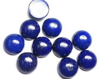May include: A collection of ten round, blue lapis lazuli cabochons. The cabochons are smooth and polished, with a slight shimmer.