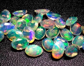 5 Ethiopian Opal Gemstones: 7x9mm Faceted Oval, Multi Fire