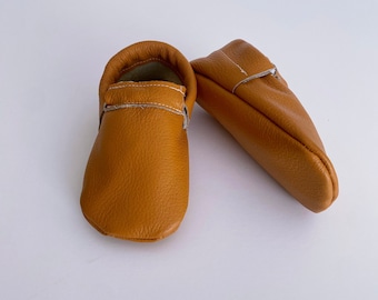 Caramel Leather Baby Shoes, Toddler Shoes, Moccs, Leather Shoes, Soft Soled Shoes, Barefoot Shoes, READY TO SHIP