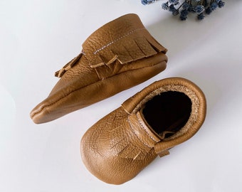 READY TO SHIP Tan Leather Moccasins, Moccs, Crib Shoes, Baby Moccasins, Baby Gift, First Birthday, Moccasins