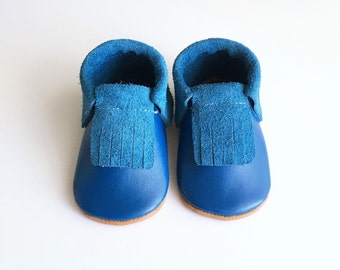 Ready to Ship Blue Leather Moccasins, Moccs, Baby Shoes, Baby Boy Shoes, Crib Shoes