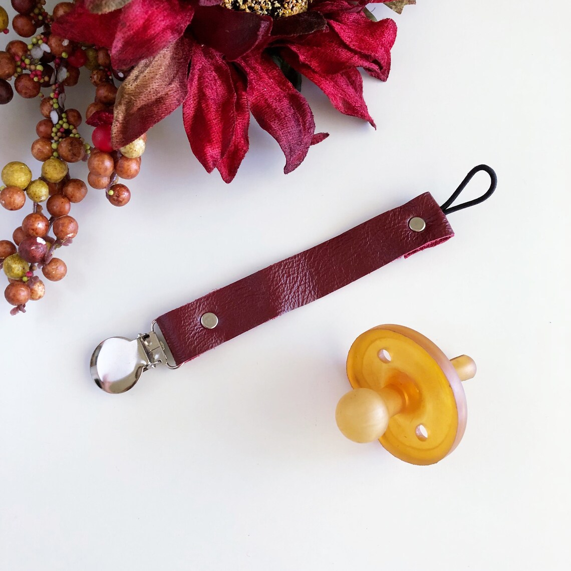 Cranberry Leather Pacifier Clip Pacifier Clip Pacifier Etsy