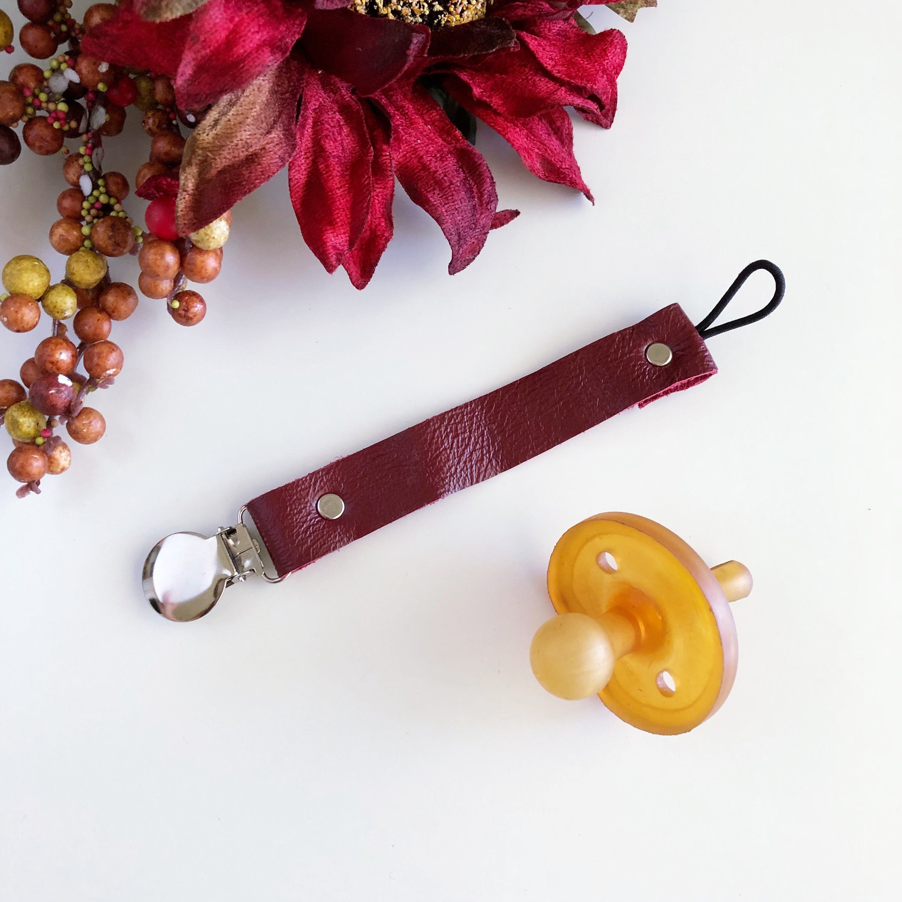 Cranberry Leather Pacifier Clip Pacifier Clip Pacifier Etsy