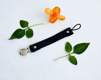 Black Leather Pacifier Clip, Pacifier Clip, Leather Pacifier Clip, Leather Paci Clip, Black Paci Clip, Baby Shower Gifts