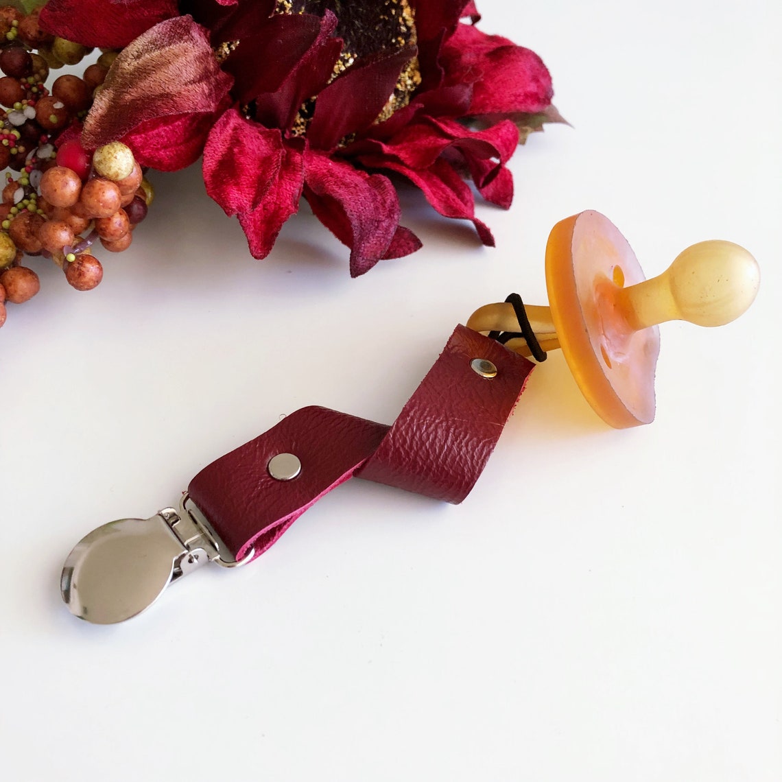 Cranberry Leather Pacifier Clip Pacifier Clip Pacifier Etsy