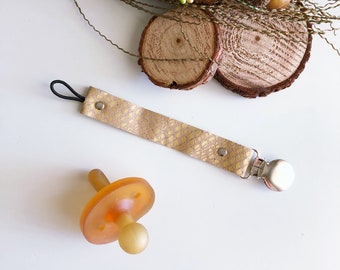 Fields of Gold Leather Pacifier Clip, Gold Pacifier Clip, Pacifier Clip, Binky Clip, Baby Shower