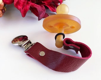 Cranberry Leather Pacifier Clip, Pacifier Clip, Pacifier Holder, Binky Clip, Baby Shower Gift