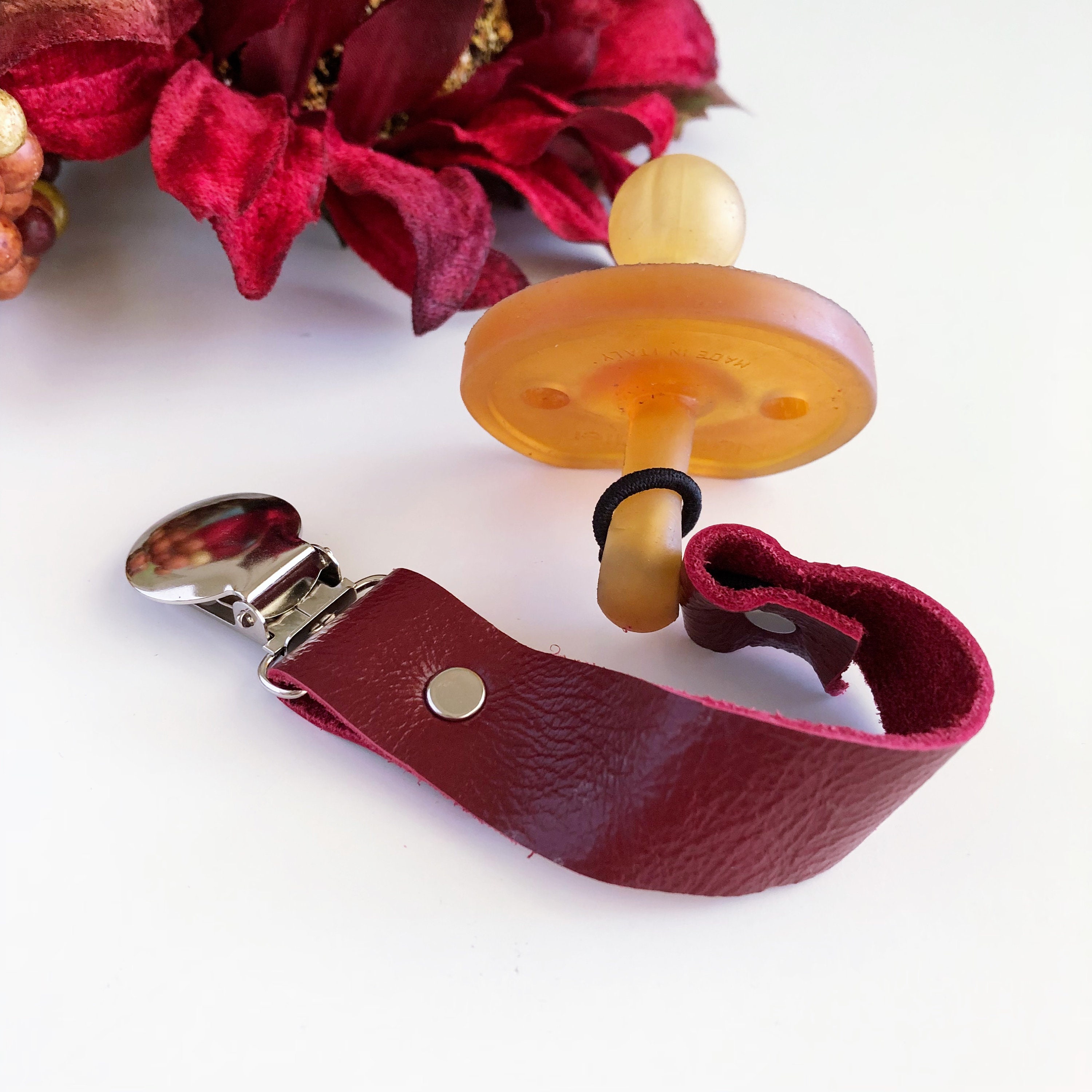 Cranberry Leather Pacifier Clip Pacifier Clip Pacifier Etsy