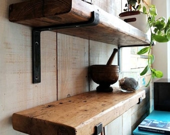 Solid reclaimed wood shelf with iron support, industrial/country style