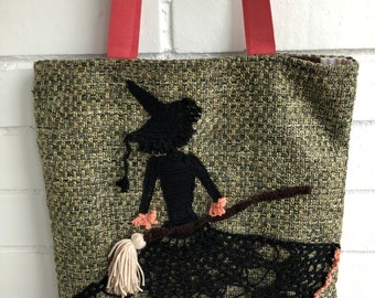 Sac à bandoulière « My lovely witch » sac à bandoulière pour faire du shopping fait à la main crochet vert noir