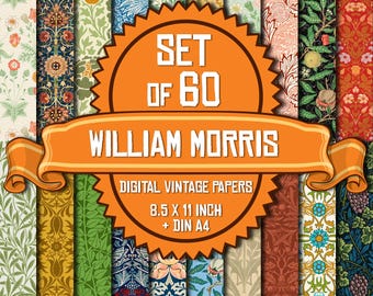 60 Digital William Morris Vintage Papers – A4 and US Letter Download Set – Printable Backgrounds, Shabby Chic Collage & Gift Wrap